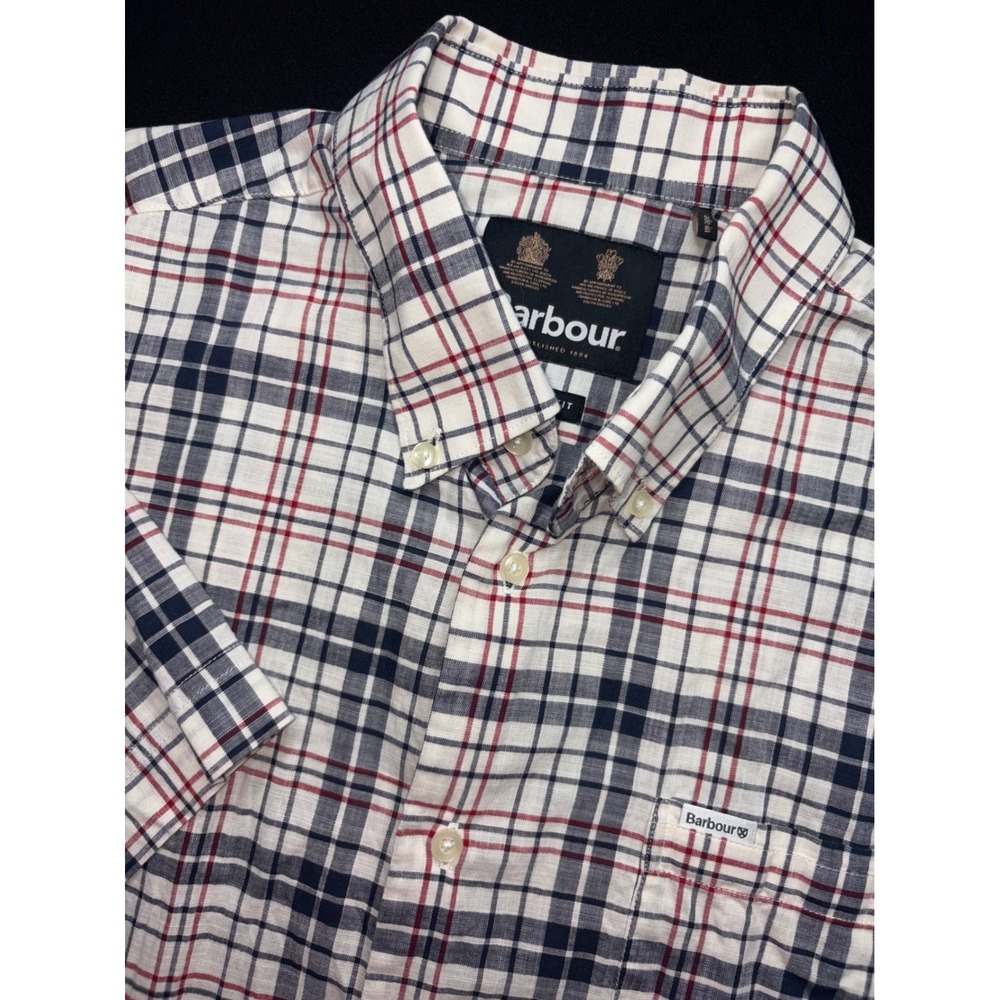 Barbour Mens Regular Fit Plaid Short Sleeve Button Down Shirt Navy Red White M